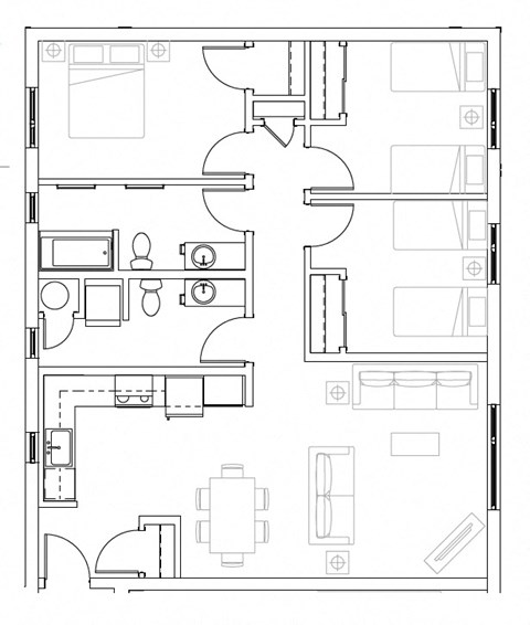 Floor plan for 3 beds, 2 baths, 1172 sqft